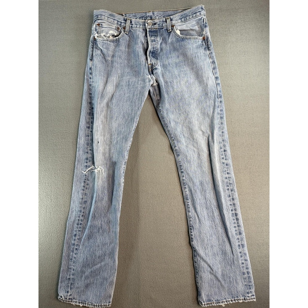 VTG Levis 501 Jeans Mens 34x34 Light Wash Blue Regular Straight Distressed Denim